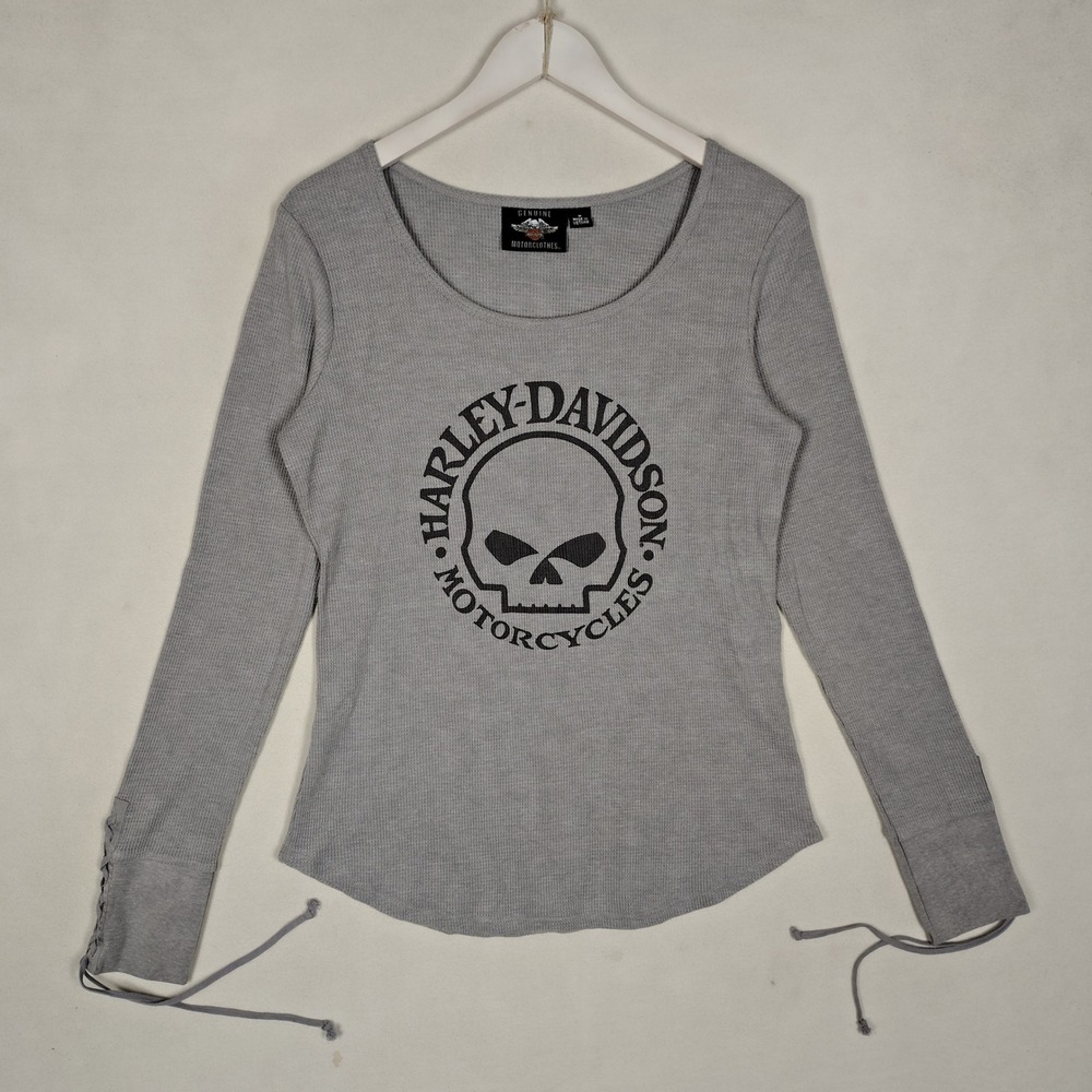 Harley-Davidson Willie G Skull Waffle Knit Thermal Lace Up Sleeve Top Gray M